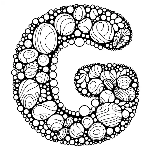 大きな文字「G」は、複数の円とさまざまな泡のような形状で構成されています。泡はサイズが異なり、複雑な渦巻き模様があり、文字に質感のある外観を与えています。この配置は、遊び心があり視覚的に興味深いデザインを作り出し、モノクロの色調を保っています。全体的な効果は芸術的でありながら装飾的です。