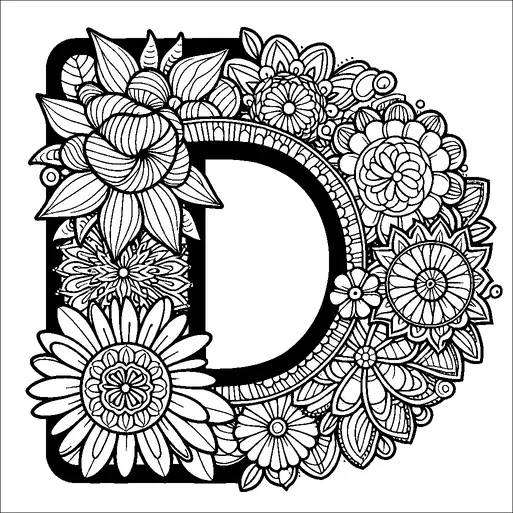 さまざまな複雑な花柄で美しく装飾された大きな文字「D」が描かれています。デザインには、詳細な花びらと葉を持つさまざまな種類の花が含まれ、文字を取り囲んでいます。一部の花にはマンダラのようなデザインが特徴で、構成の複雑さを増しています。全体的な効果は、自然とタイポグラフィの精巧で調和のとれた融合です。