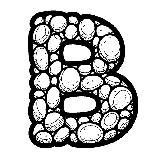このイラストは、笑顔を浮かべた多数の円形が詰まった大きな大文字の「B」を描いています。円形はサイズが異なり、文字の輪郭内に密接に詰め込まれています。全体的な印象は遊び心があり、活気に満ちており、それぞれの円形が独自の個性を持っているように見えます。