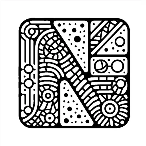 デザインは、複雑で抽象的なパターンで満たされた文字「N」のスタイリッシュな表現です。それは円、三角形、直線などの幾何学的な形状のミックスを特徴とし、複雑で対称的な外観を作り出しています。文字内の各セクションは、同心円や点線パターンなどの独特のモチーフで満たされています。全体的な配置は、有機的要素と構造的要素を組み合わせ、視覚的に魅力的な構成を生み出しています。