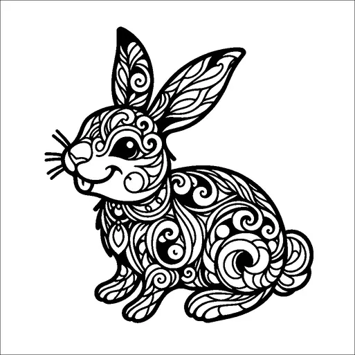 ウサギ全体が複雑な渦巻き模様で飾られています。デザインは曲線と葉っぱのようなモチーフの調和のとれた組み合わせを強調し、装飾的でエレガントな外観を作り出しています。ウサギの表情は明るく、友好的です。このアートワークは、動物の魅力的で装飾的な描写を見事に披露しています。