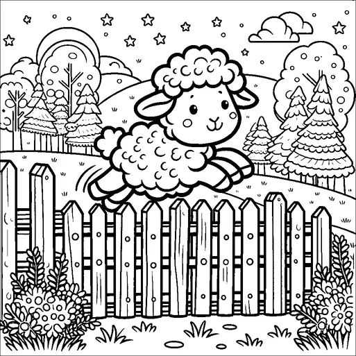 陽気な子羊が、風情ある田舎の風景で木製のフェンスを飛び越えています。背景には丘陵、木々、そして星々で満たされた空が広がっています。前景には低木が見え、ふわふわとした雲が上空を漂っています。この田園風景は、静けさと遊び心を伝えています。