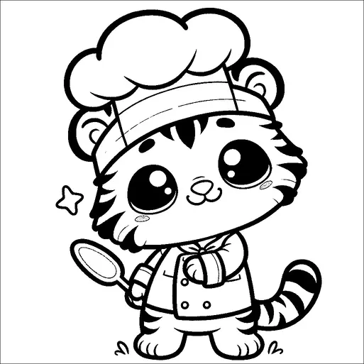かわいいトラがシェフの格好をして、大きなシェフの帽子をかぶり、フライ返しを持っています。トラは大きくて表情豊かな目と笑顔を持っています。その毛皮はストライプ模様で、友好的で親しみやすい態度を示すように立っています。その頭の横には小さな星があり、シーンに遊び心を加えています。