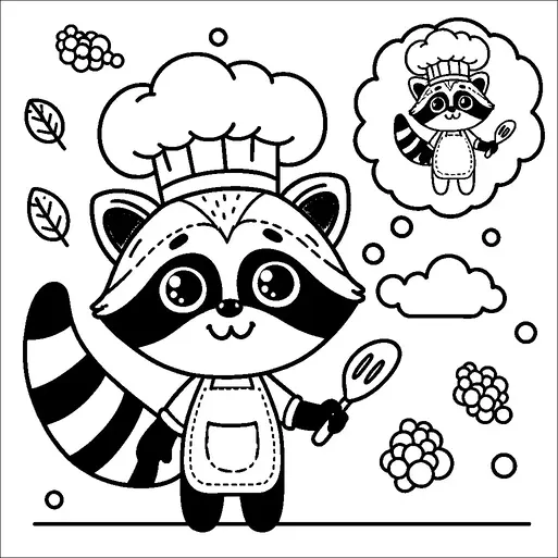 シェフの帽子とエプロンを着たアライグマが、浮かんでいるベリーや葉の中でフライ返しを持って立っています。思考泡には、同じくシェフの服装を着たアライグマの小さなバージョンが表示されています。雲やベリーが散らばっているなど、遊び心あふれるシーンです。アライグマの表情は明るく、料理やベーキングのテーマを強調しています。