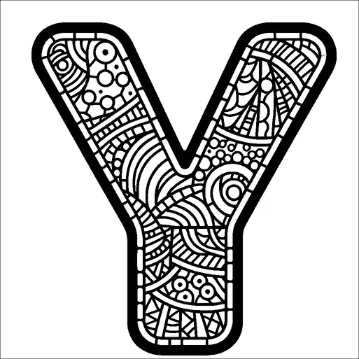 「Y」という文字は、円、線、点などさまざまな形状で構成された複雑な模様で満たされています。これらの模様は文字の内部全体に対称的に配置され、複雑で装飾的なデザインを作り出しています。文字の周囲には太い輪郭線があり、その形状を強調しています。全体的な外観は詳細で視覚的に魅力的です。