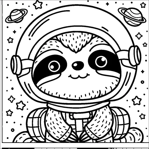 かわいいナマケモノが宇宙ヘルメットをかぶり、星や惑星に囲まれた宇宙の設定で座っています。ナマケモノは友好的な表情を浮かべ、小さな星と2つの大きな惑星に囲まれています。背景は小さな点と天体要素でいっぱいで、宇宙のテーマを強調しています。デザインは、宇宙飛行士としてのナマケモノの魅力的で愛らしい性質を強調しています。