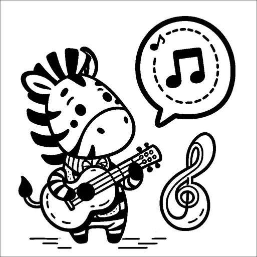 アニメ風のシマウマがギターを弾いて、音楽を奏でることを楽しんでいるように見えます。頭上には音符が入った吹き出しがあります。大きなト音記号が近くに配置されており、音楽のテーマを強調しています。シマウマはシンプルで魅力的な外見を持ち、はっきりとした縞模様があります。