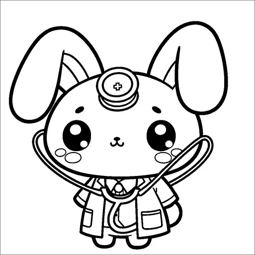 かわいいウサギが医者の格好をして、聴診器と白衣を着ています。ウサギは大きな表情豊かな目と小さな幸せそうな笑顔をしています。また、医者のクラシックなアクセサリーである頭部鏡も身につけています。全体的な雰囲気は気まぐれで魅力的です。