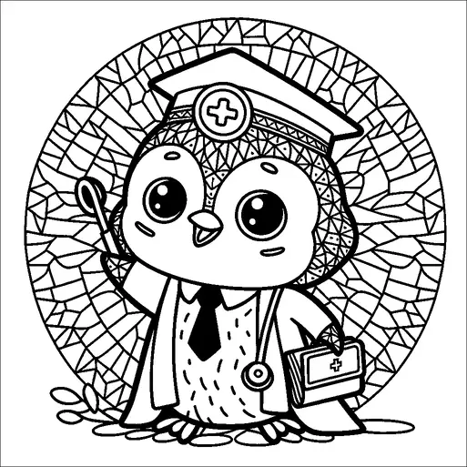 医者の格好をしたフクロウが描かれています。卒業帽をかぶり、聴診器を持っています。医療バッグを持ち、円形の模様の背景に立っています。フクロウは大きな目と親しみやすい表情をしています。フクロウの周りには葉っぱと複雑なデザインが描かれています。