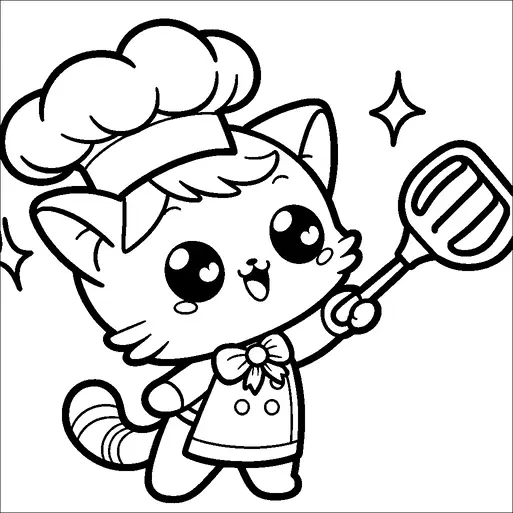 シェフの格好をしたかわいい漫画の猫が、喜んでフライ返しを持っています。猫は大きな笑顔とキラキラと輝く目をしており、シェフの帽子と蝶ネクタイを身につけています。猫の左側にはキラリと光る星があり、陽気な雰囲気を強調しています。全体的な雰囲気は遊び心があり、魅力的です。