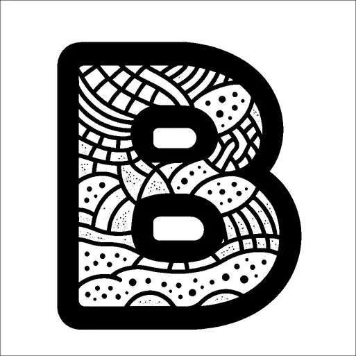 太字の「B」は、渦巻き、ドット、線状のモチーフを含む複雑なパターンで満たされています。これらのデザインは、文字の境界内で複雑でテクスチャーのある外観を作り出します。異なる形状の組み合わせは、整理された混沌と芸術的なフレアの感覚を与えます。背景は平凡で、詳細な内部パターンを強調しています。
