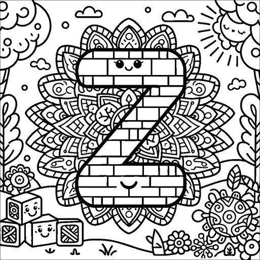 レンガ模様と笑顔が描かれた文字「Z」が中央にあり、詳細なマンダラに囲まれています。明るい太陽が雲の後ろから覗き、両側には笑顔の木々が立っています。遊び心のある顔が描かれたブロックが左下に配置され、風変わりな植物や花々が地面に散らばっています。この風景は、さまざまな笑顔の要素が含まれた陽気でカートゥーン風の雰囲気を持っています。