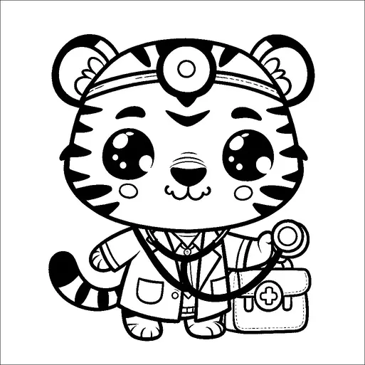 大きく表情豊かな目を持つ、かわいらしい人間の姿をしたトラが医者の格好をして描かれています。首には聴診器を巻き、十字架のシンボルがついた医療バッグを持っています。トラは医者のコートを着ており、その役割が医療従事者であることを強調しています。このキャラクターは自信に満ちた態度で立っており、親しみやすく、アプローチしやすい雰囲気を醸し出しています。