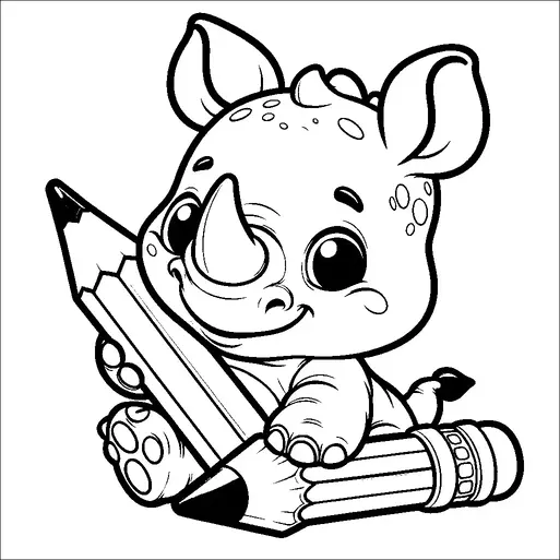 かわいい赤ちゃんサイが座って、2本の大きな鉛筆を抱きしめています。サイは親しみやすい表情をしており、大きな目と小さな耳が特徴です。鉛筆は先端と消しゴムがはっきりと見えます。この遊び心あふれるシーンは、創造性と喜びの感覚を捉えています。
