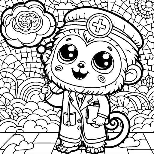 医者の格好をしたかわいいサルのキャラクターが、風変わりで模様のある環境に立っています。サルは白衣と頭部鏡を身につけ、聴診器とノートを持っています。背景は雲、虹、そして複雑な装飾モチーフでいっぱいです。サルは大きな表情豊かな目と明るい表情をしており、遊び心あふれる雰囲気を加えています。