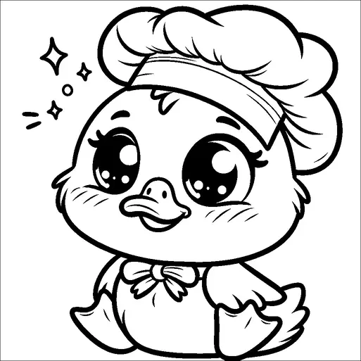 かわいいアヒルの子のキャラクターがシェフの帽子をかぶり、首にリボンをつけて描かれています。そのアヒルの子は大きな表情豊かな目と明るい表情をしています。アヒルの子の頭の周りにはキラキラと輝く星が描かれており、その愛らしい姿を一層引き立てています。このキャラクターは幸せそうで、料理の冒険に挑む準備ができているように見えます。