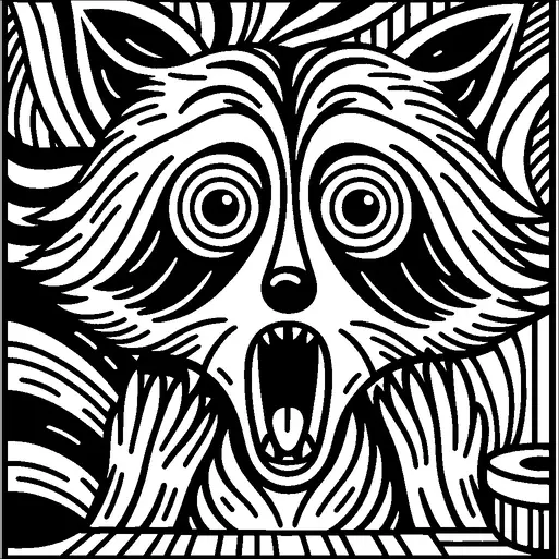 広く、表情豊かな目と開いた口を持つアライグマが驚いたり、驚いたりする表情で描かれています。その毛皮の周りと背景の渦巻く模様が動きとエネルギー感を生み出しています。構図は大胆でダイナミックで、特徴を定義する太い線があります。アライグマは中心にいるように見え、その鮮やかな表情で注目を引いています。