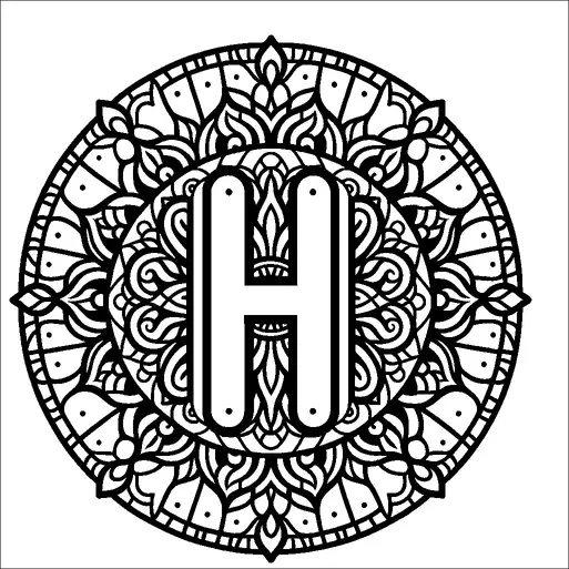複雑な円形のマンダラデザインの中央に大きな文字「H」が配置されています。マンダラは、文字から放射状に広がる詳細な花や幾何学的なパターンが特徴です。対称性と繰り返しのモチーフがバランスの取れた調和のある外観を作り出しています。デザインは、詳細な内部要素を持つ太い黒の輪郭で構成されています。
