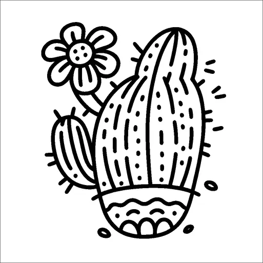 大きなサボテンが目立つように描かれ、棘と装飾的な模様が施されています。その隣には小さなサボテンがあり、いくつかの花びらを持つ咲いている花がコントラストを加えています。構図は活気に満ち、楽しげで、自然の要素が絡み合っています。画像のシンプルさは、砂漠の植物相を魅力的で遊び心のある表現で提供しています。