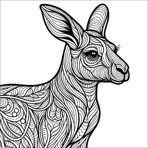 カンガルーが描かれており、その体には複雑な渦巻き模様が覆いつくされ、幻想的で装飾的な外観を持っています。デザインの詳細は、カンガルーの大きな耳と強いあご線を強調しています。動物は落ち着いた構えで、横向きに描かれています。模様には、葉や曲線を含むさまざまな形が取り入れられ、装飾効果を生み出しています。