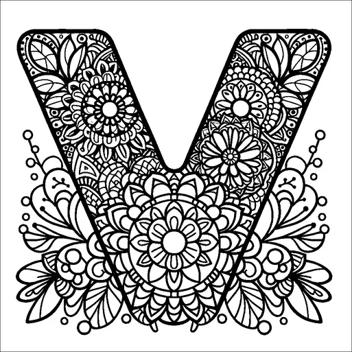 大きな文字「V」が花や葉の模様で緻密にデザインされています。デザインには、さまざまなマンダラ風の花、葉、小さな装飾要素が含まれています。背景は白で、模様の詳細な黒い線が際立つようになっています。文字内の各要素はユニークで、豊かで華やかな外観に寄与しています。