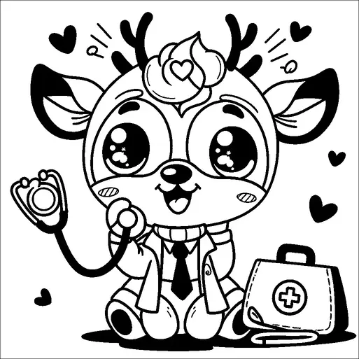 かわいい漫画の鹿が医者の格好をしており、首には聴診器を巻きつけ、医療バッグを持っています。大きな表情豊かな目と、ハートの形をした頭の上の房毛が特徴です。小さなハートが鹿の周りに描かれており、暖かさと魅力を感じさせます。鹿の表情は明るく友好的で、歓迎的な態度を示唆しています。