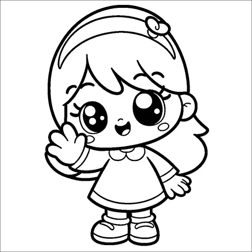 大きくて表情豊かな目を持つカートゥーンの女の子が手を振っています。彼女は小さなリボンがついたヘッドバンドをした長い髪を持っています。彼女は襟付きのシンプルなドレスを着ており、大きな笑顔を含む明るい顔立ちが特徴です。彼女の靴はつま先が閉じており、その遊び心あふれる外見に一役買っています。