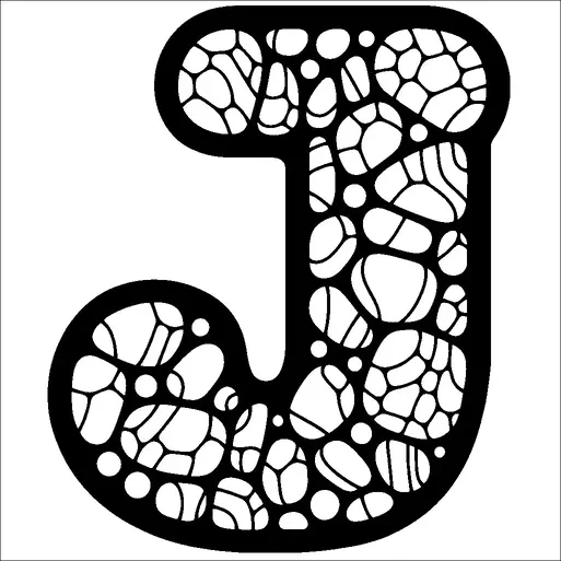 大きくて大胆な文字「J」が、石や小石を思わせるさまざまな抽象的な形のモザイクで満たされています。文字の中の形は大きさや形状が異なり、複雑なパターンを作り出しています。文字の黒い輪郭は、白い背景と鮮やかに対比しています。全体的な外観は芸術的で視覚的に魅力的です。