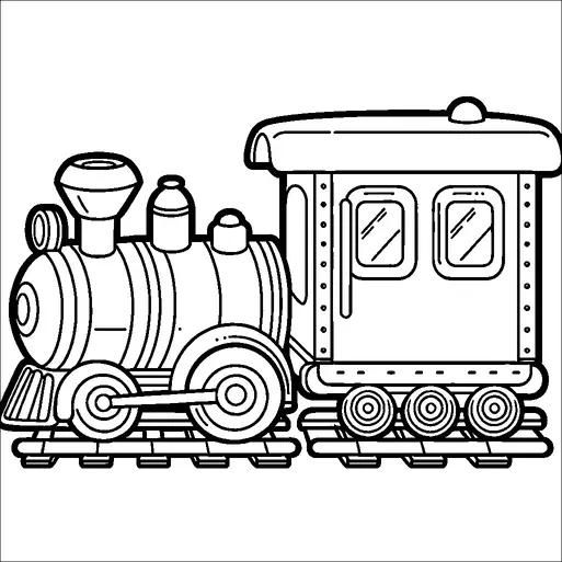 目立つ煙突と大きな車輪を持つ蒸気機関車が描かれています。列車は、リベットや窓などの詳細な特徴を持つ線路上にあります。そのデザインには、大きな前部エンジンと乗客用のキャビンが含まれています。この画像は、ビンテージ列車のクラシックな要素を強調しています。