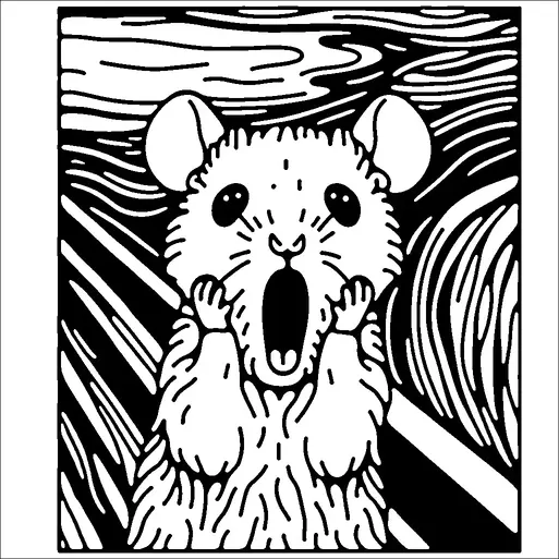 驚きや衝撃を表現するように、頬に手を当てて口を大きく開けた姿のネズミが描かれています。背景には渦巻く波状の線が特徴的で、ダイナミックでドラマチックな効果を加えています。ネズミの大きな耳と目は、驚いた表情を強調しています。この構図は、同様の感情的な場面を描いた有名な芸術作品に触発されています。