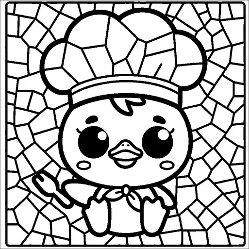 シェフの帽子をかぶったかわいいアヒルのキャラクターが中央に配置され、料理用のスプーンを持っています。アヒルは大きな表情豊かな目と微笑みを浮かべています。背景は詳細なモザイクパターンで構成されており、シーンに質感を加えています。シェフの服装にはネッカチーフが含まれており、その料理の役割を強調しています。