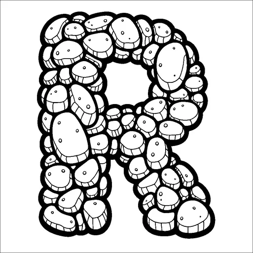 大きな「R」の文字は、シンプルな顔の特徴を持つ小さな丸い小石のような生き物で構成されています。各生き物は小さな目と口を持ち、アニメーションのような外観を持っています。生き物たちはサイズは異なりますが、文字の形を作るためにぴったりと詰まっています。全体的な見た目は遊び心と想像力に溢れ、フレンドリーなカートゥーンの岩のコレクションに似ています。