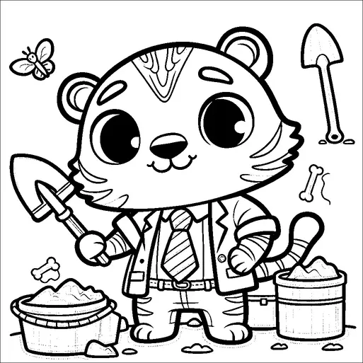 考古学者の格好をした漫画のトラがシャベルを持って、砂でいっぱいのバケツ二つの間に立っています。近くで蝶が飛び跳ねており、地面には部分的に埋まった骨があります。トラはジャケットとネクタイを着ており、プロフェッショナルなテーマを示しています。背景には別のシャベルといくつかの散らばった石が含まれています。