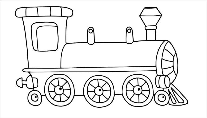 Een eenvoudige stoomlocomotief wordt getoond met een hoge schoorsteen en grote wielen. De treinmotor heeft een afgeronde voorkant en is versierd met kleine details zoals een raam en ronde bouten. De afbeelding doet denken aan klassieke treinontwerpen. De trein wordt afgebeeld in een zijprofiel, waarbij de lengte en kenmerken worden benadrukt.