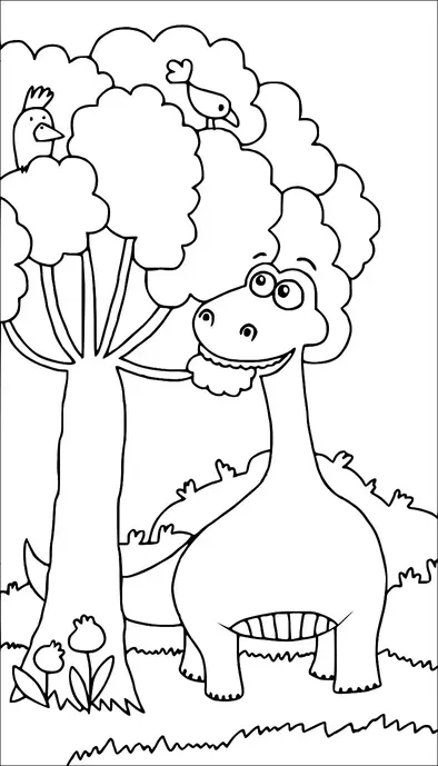 Een vrolijke dinosaurus staat naast een boom, breed glimlachend. Twee vogels zitten op de takken van de boom erboven, terwijl het landschap struiken en bloemen bevat. De dinosaurus lijkt vriendelijk en tevreden in zijn omgeving. De scène suggereert een vreedzame ontmoeting in een prehistorische omgeving.