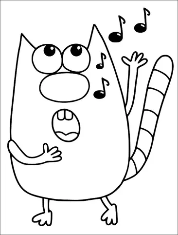 Een stripfiguur kat staat op twee benen met een expressief gezicht, zingend terwijl muzieknoten rond zijn hoofd zweven. De kat heeft grote, ronde ogen, een kleine neus en een open mond. Eén hand ligt op zijn borst terwijl de andere omhoog is geheven. Hij heeft een lange gestreepte staart.