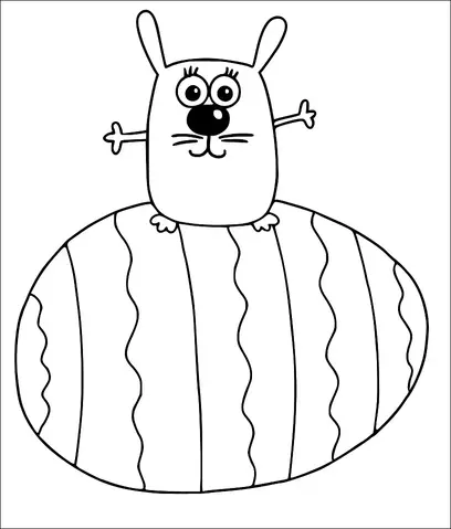 Een stripfiguur konijntje staat op een groot, versierd paasei met zigzagpatronen. Het konijntje heeft grote, ronde ogen, een klein snuitje en uitgestrekte armen. Het lijkt vrolijk en opgewonden, terwijl het op het ei balanceert. Het ei is groot met afwisselende golvende lijnen.