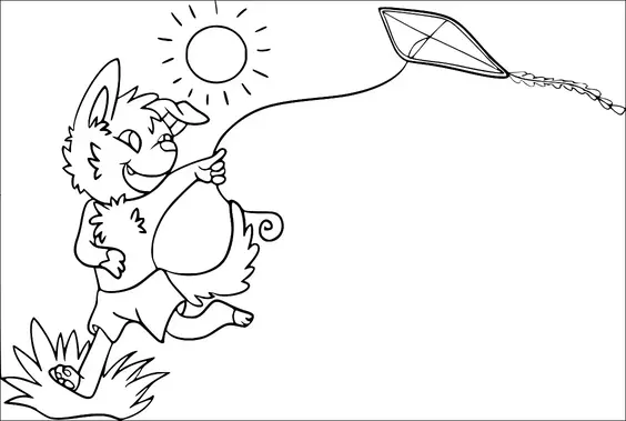 Een vrolijk antropomorf dier met grote oren vliegert onder een felle zon. Het personage wordt midden in een sprong in een grasrijk gebied getoond, terwijl hij met een blije uitdrukking de vliegertouw vasthoudt. De vlieger is ruitvormig en lijkt hoog in de lucht te vliegen. De zon is getekend met stralende lijnen die een zonnige dag aangeven.