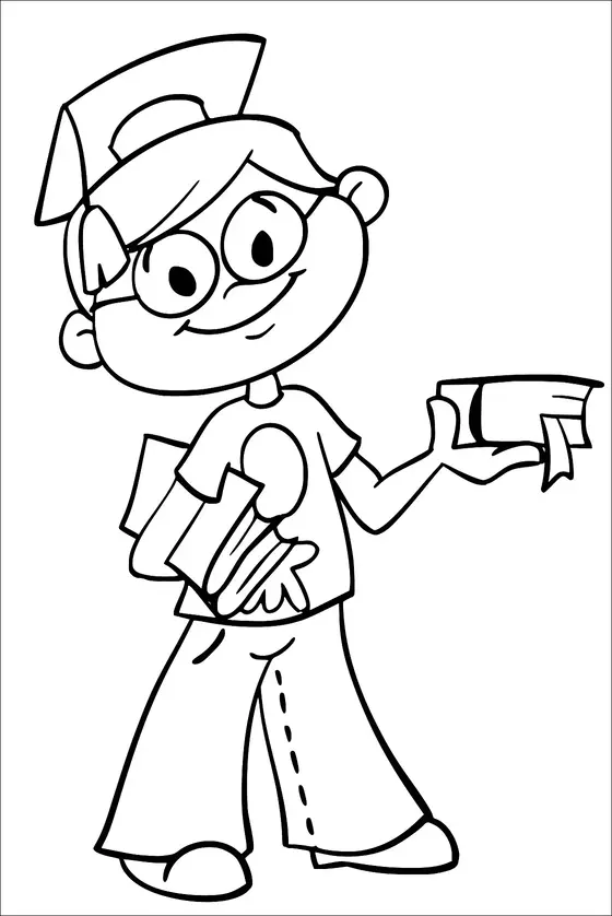 Een lachend kind draagt een afstudeerhoedje en houdt een boek in één hand. De andere hand houdt een paar opgerolde papieren vast. Het kind is casual gekleed in een shirt en broek. De uitdrukking is vrolijk en trots.
