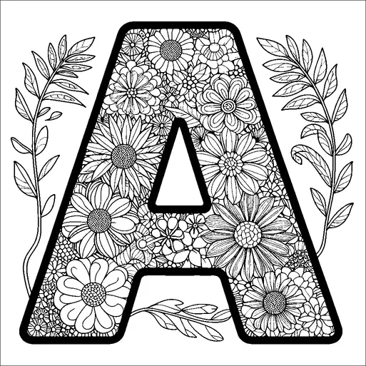 Een grote letter "A" is gevuld met ingewikkelde bloemmotieven met verschillende bloemen en bladeren. De achtergrond is wit, waardoor de zwarte contouren van de bloemen prominent naar voren komen. De letter is omgeven door extra bladrijke takken aan beide zijden, wat bijdraagt aan het botanische thema. Het bloemenpatroon binnen de letter is gedetailleerd, met diverse vormen en maten van bloemblaadjes.
