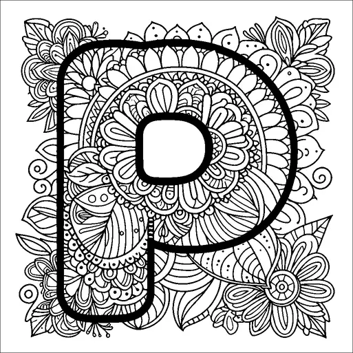 Een grote hoofdletter "P" is omgeven door ingewikkelde bloemmotieven. Het ontwerp bevat verschillende gedetailleerde elementen zoals bloemblaadjes, bladeren en spiralen. Deze harmonieuze compositie van natuur geïnspireerde motieven creëert een elegante en sierlijke uitstraling. De achtergrond is gevuld met dicht op elkaar gepakte bloemontwerpen, wat de complexiteit en schoonheid van het tafereel versterkt.