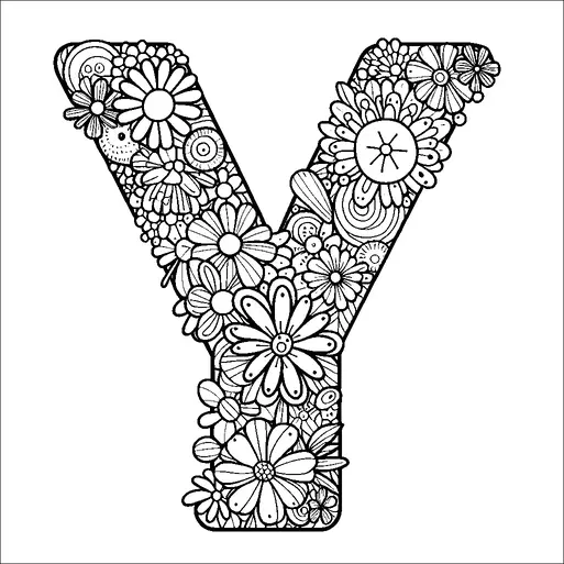 Een grote letter "Y" is gevuld met ingewikkelde bloemenpatronen. Verschillende bloemen, bladeren en wervelende ontwerpen zijn verweven door de vorm. De details bevatten bloemblaadjes van verschillende groottes en enkele cirkelvormige motieven. De algehele indruk is decoratief en sierlijk.