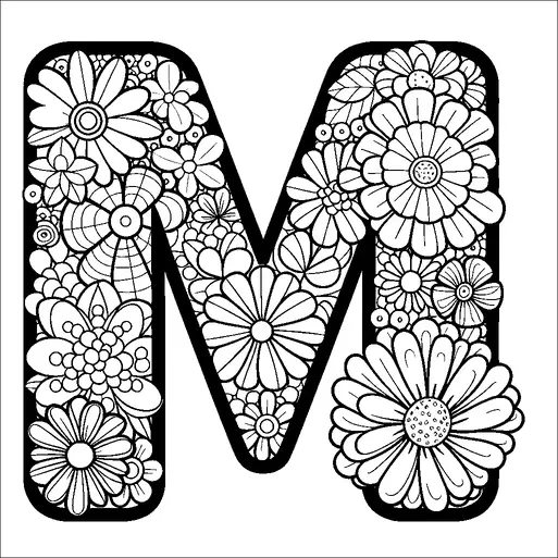 Een grote letter "M" is gevuld met een verscheidenheid aan ingewikkelde bloemontwerpen, waaronder madeliefjes en andere bloempatronen. De bloemen zijn dicht opeengepakt, waardoor er een tapijtachtig effect ontstaat binnen de grenzen van de letter. Elke bloem is uniek, met gedetailleerde bloemblaadjes en centra. De algehele indruk is bloemrijk en artistiek.