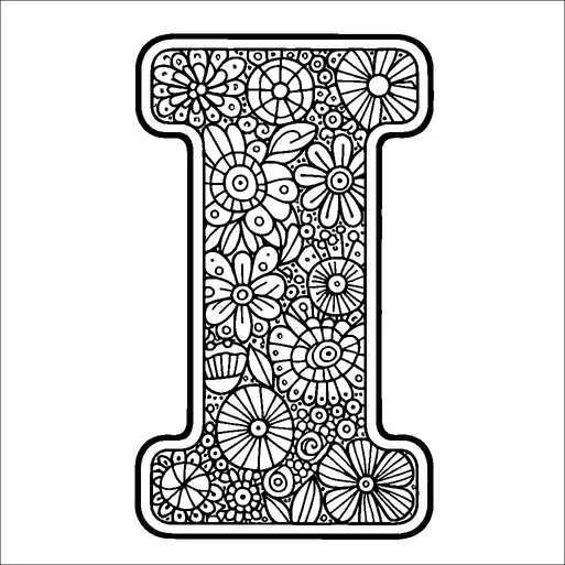 Een grote, sierlijke letter "I" is gevuld met ingewikkelde bloemenpatronen. Verschillende bloemen en wervelende ontwerpen bedekken het hele interieur van de letter. De bloemen variëren in grootte en vorm, wat zorgt voor een gedetailleerd en complex uiterlijk. Het ontwerp is symmetrisch langs de verticale as, wat zorgt voor een evenwichtige uitstraling.