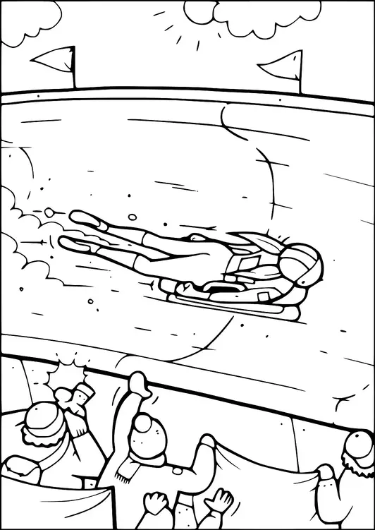 Et bobteam racer ned en isete bane, avbildet i høy hastighet med detaljer av snø og is. Tilskuere pakket inn i vinterklær heier fra sidelinjen. Flagg og en solrik himmel er synlig i bakgrunnen. Scenen fanger spenningen ved et vintersportsarrangement.