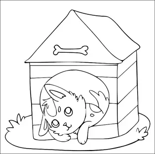 En kattelignende skapning med store ører og runde øyne ligger sammenkrøllet inne i en hundehus. Hundehuset har et tak med et bein-emblem på det og er omgitt av gress. Skapningen ser ut til å hvile eller gjemme seg. Scenen er enkel og leken.