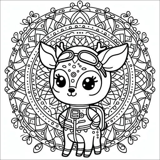 Mały jeleń noszący gogle i plecak stoi przed szczegółowym, symetrycznym wzorem mandali. Jeleń ma duże, wyraziste oczy i łagodne wyrażenie twarzy. Mandala zawiera skomplikowane wzory kwiatowe i geometryczne. Cała scena ma kapryśną, zabawkową atmosferę.