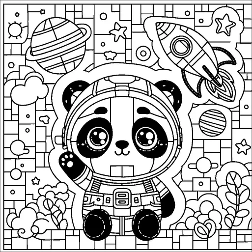 Panda przebrana za astronautę eksploruje przestrzeń kosmiczną, otoczona planetami, gwiazdami i rakietą. Tło jest wypełnione chmurami i geometrycznymi wzorami. Panda ma kask i radosne wyrażenie twarzy, dodając zabawowy akcent do sceny. Przedstawione są różne elementy niebieskie, tworząc kapryśną kosmiczną przygodę.