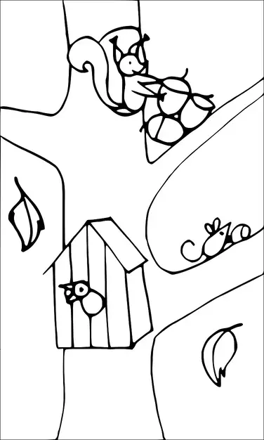 Uma árvore é ilustrada com um esquilo segurando bolotas, um pássaro dentro de uma casa de pássaros e um rato com um pedaço de queijo. Folhas estão caindo ao redor da árvore. Os galhos acolhem os animais em suas respectivas atividades. A cena transmite um ambiente natural animado.