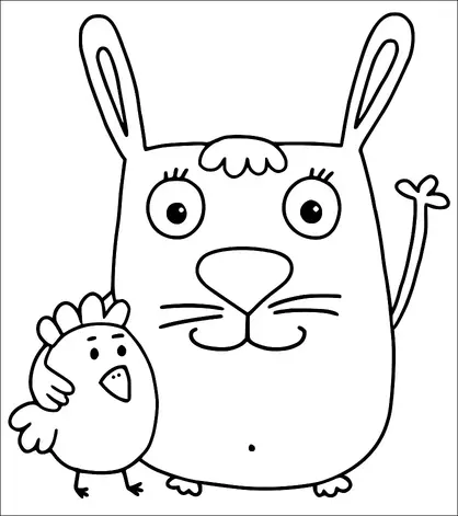 Um grande coelho de olhos arregalados e orelhas longas acena enquanto um pequeno frango fica ao seu lado. Ambos os animais têm expressões amigáveis e parecem estar interagindo de forma brincalhona. O coelho tem uma franja simples de pelo na cabeça e o frango tem um tufo de penas no topo. Eles ficam bem próximos, sugerindo um senso de companheirismo.